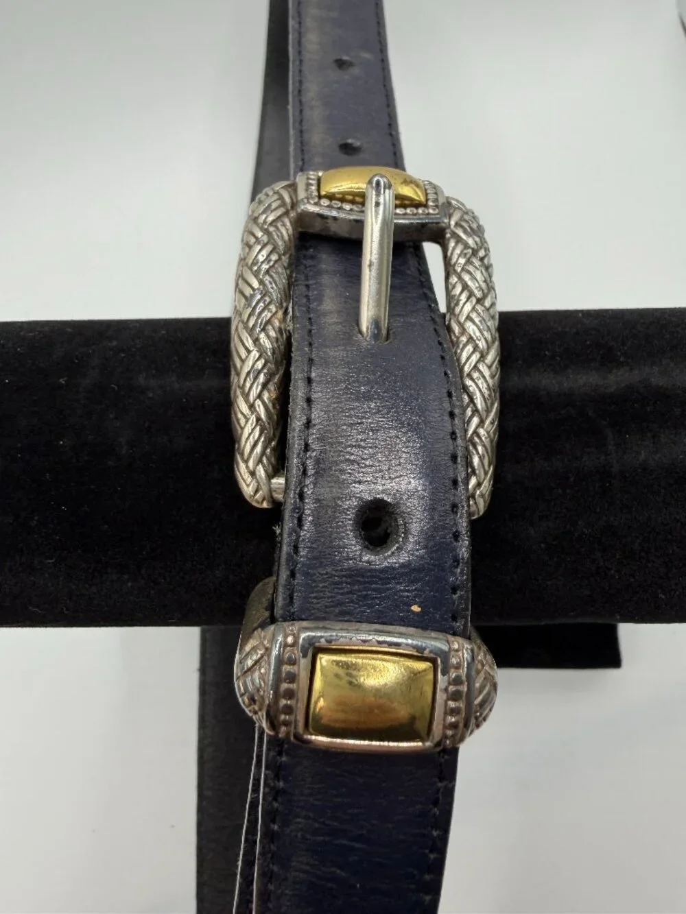 Brighton Vintage Black Leather Belt USA Silver Gold Concho Buckle Women's 30
